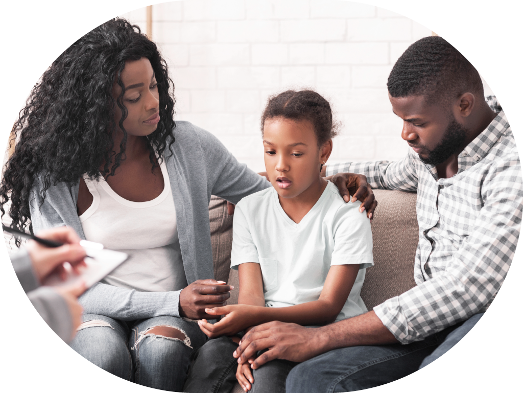 close up of mother, child and father in family therapy