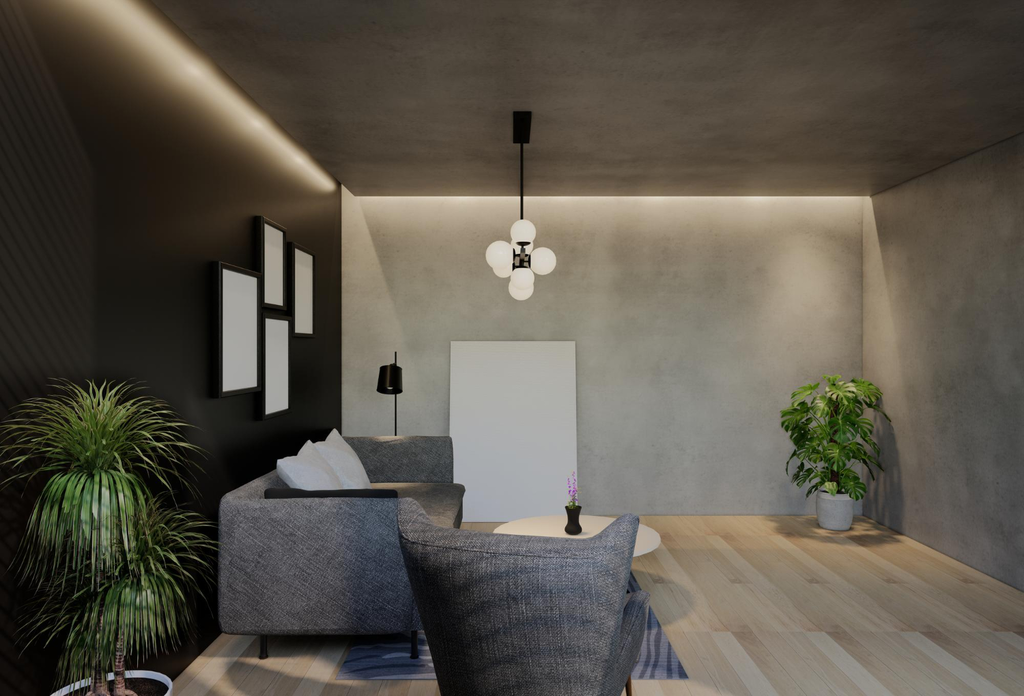 Professionell geplante Lichtvisualisierung: Modern eingerichteter Wohnraum mit gezielter Lichtführung durch indirekte Deckenbeleuchtung, stilvoller Pendelleuchte und akzentuierter Ausleuchtung zur perfekten Lichtatmosphäre.