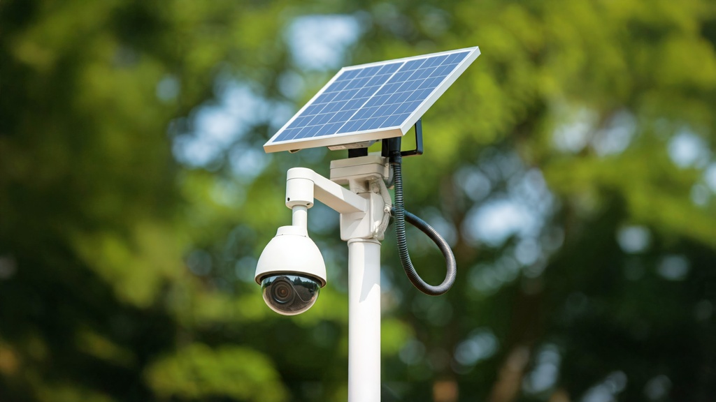 Mobile Überwachungskamera mit Solarpanel im Grünen – temporäre Sicherheitslösung für Baustellen und Veranstaltungen.