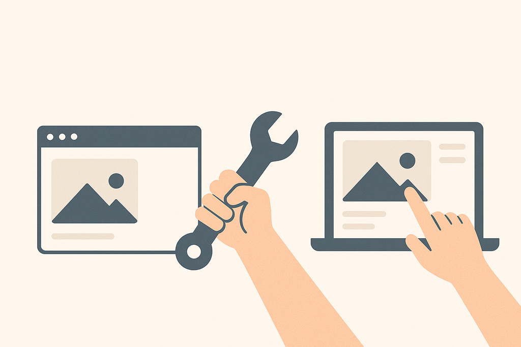 Vergleich zweier Webseiten mit Schraubenschlüssel und Fingerzeig – Symbolbild für Website selbst bauen oder erstellen lassen