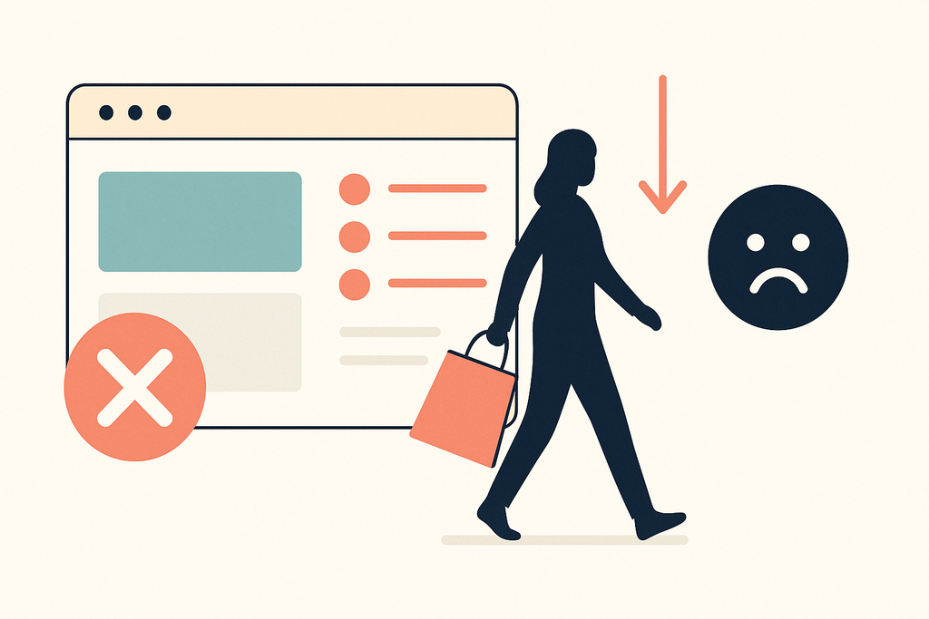 Illustration eines unzufriedenen Kunden, der eine Firmenwebsite verlässt – Symbolbild für häufige Fehler auf Unternehmenswebsites