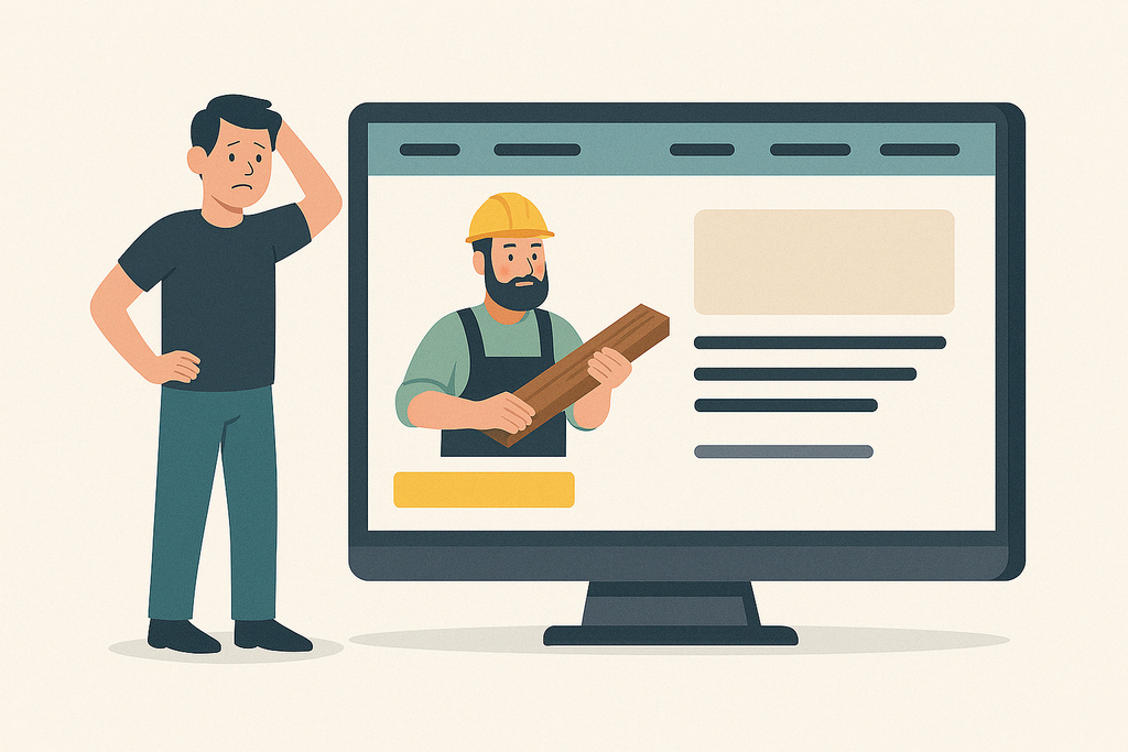 Mann steht vor Bildschirm mit Handwerker-Illustration – Symbolbild für typische Fehler auf Handwerker-Websites
