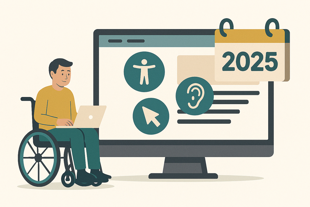 Mann im Rollstuhl mit Laptop vor Monitor mit Barrierefrei-Symbolen und Kalenderjahr 2025 – Symbolbild für barrierefreie Websites nach dem BFSG