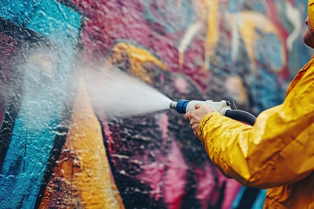 Person in gelber Schutzkleidung entfernt mit Hochdruckreiniger bunte Graffitis von einer Wand.