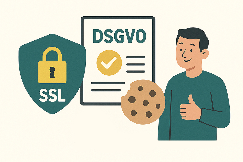 Illustration zu SSL, DSGVO und Cookies mit Schloss-Symbol, Cookie-Grafik und zufriedener Person – Symbolbild für Datenschutz auf Websites