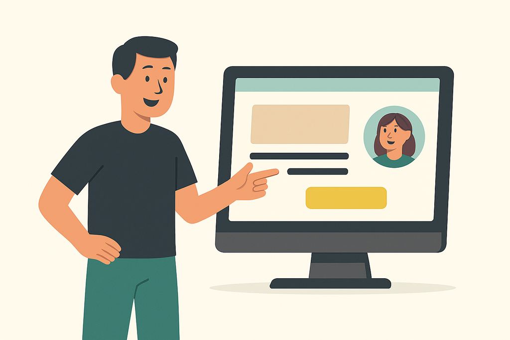 Illustration eines jungen Mannes vor einem Computer mit Marketing-Icons, die den Prozess der Website-Optimierung und Conversion von Besuchern zu Kunden symbolisieren
