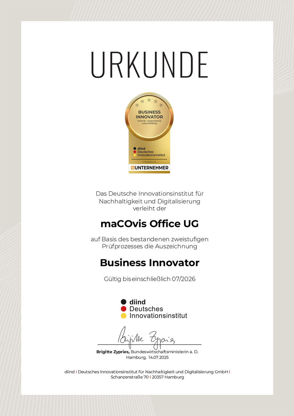 Urkunde vom Business Innovator Award