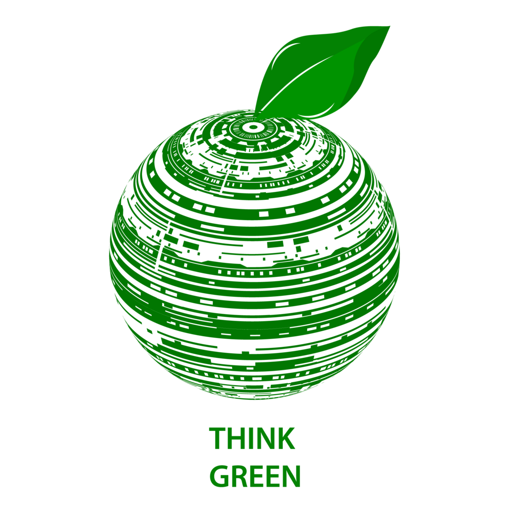 Eine Abstrakte Zeichnung in Form eines Erdballs mit einem grünen Blatt oben rechts. unter der Zeichnung der Schriftzug "Think Green" in Großbuchstaben