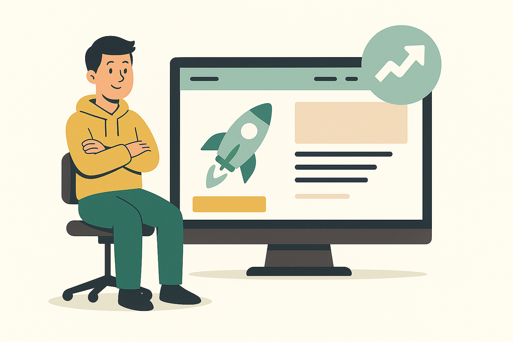 Flache digitale Illustration: Eine junge Gründerin steht neben einem großen Computerbildschirm mit Website-Layout.