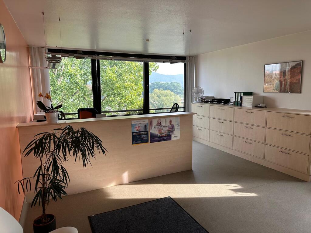 Heller Empfangsbereich mit rotem Tresen im Nierenzentrum