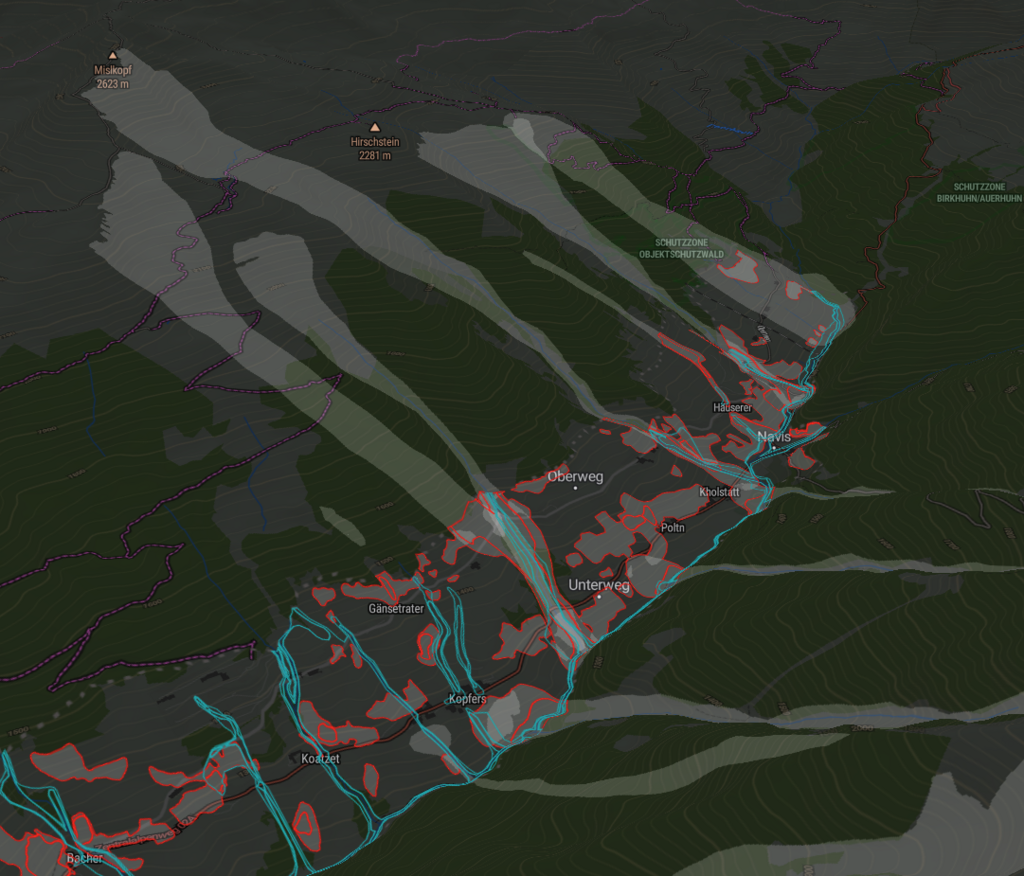 Screenshot der KI-gestützten GeoSense Plattform: Risikozonen im Navistal, Seitental des Wipptals