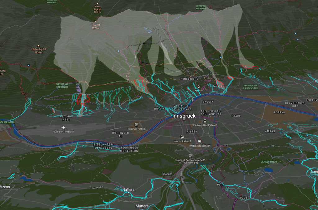 Screenshot von GeoSense AI Plattform der Innsbruck und die Nordkette zeigt: Anschwellende Bäche und steigene Pegelstände in Echtzeit