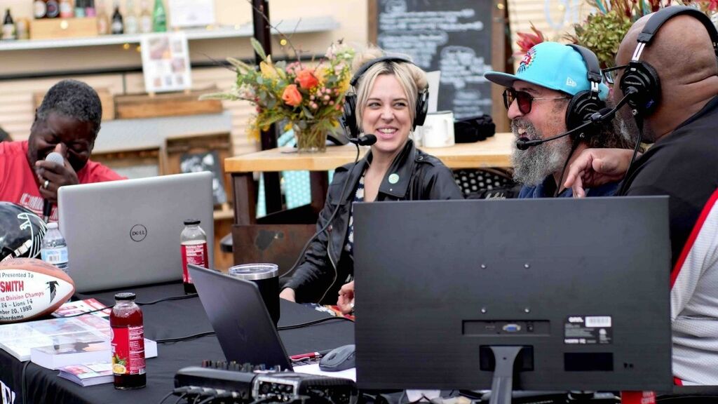 “Hosts & guests reacting to a joke during live stream.”