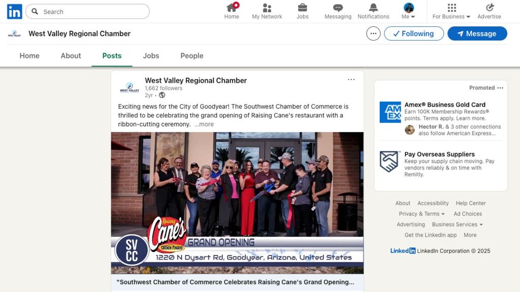 "West Valley Regional Chamber LinkedIn content  managed by True Narrative Media."