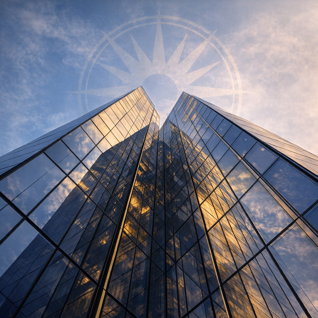 Modern glass corporate skyscraper photographed from ground level looking upward against dramatic sky with light reflections, representing ascending leadership transformation and organizational growth for Lumarrae RISE programme