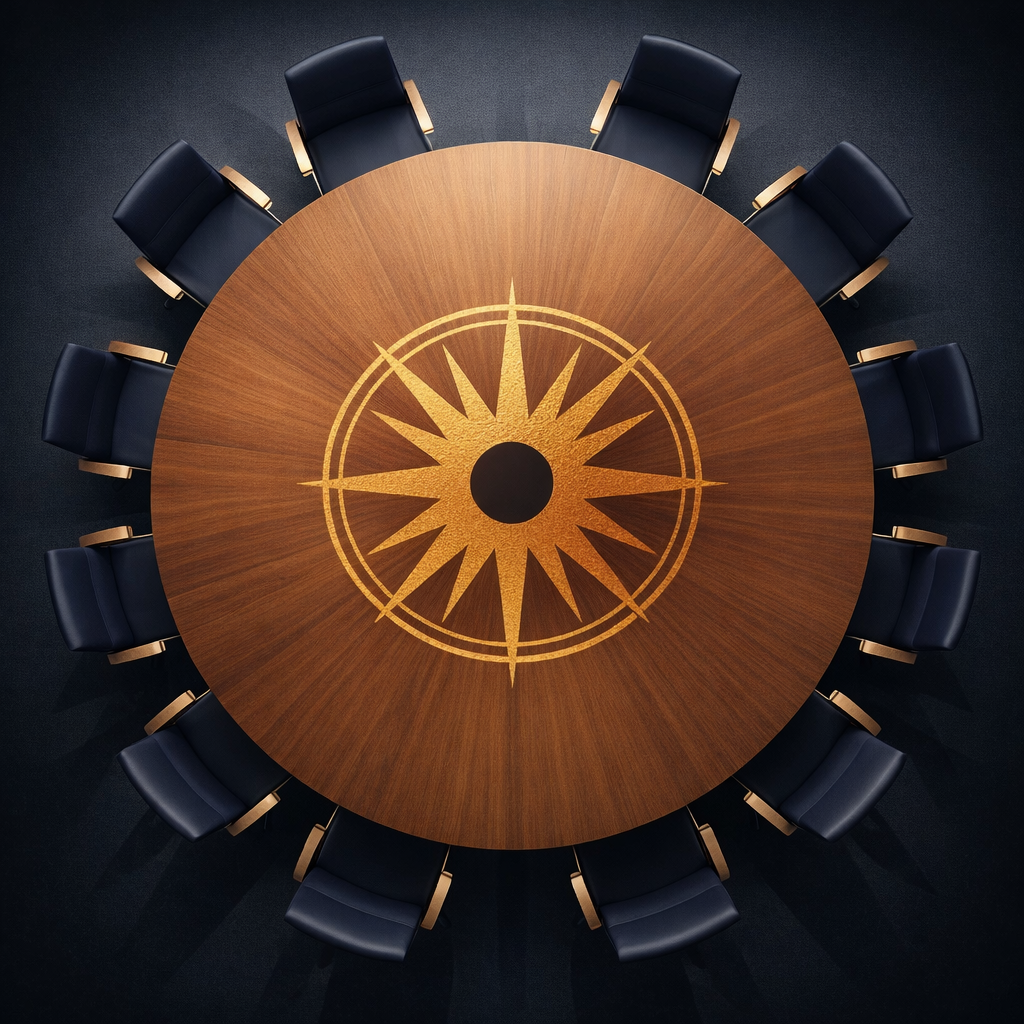 Lumarrae sun compass navigation dial in copper and bronze tones, representing strategic direction and organizational leadership development for RADIATE corporate partnership programme
