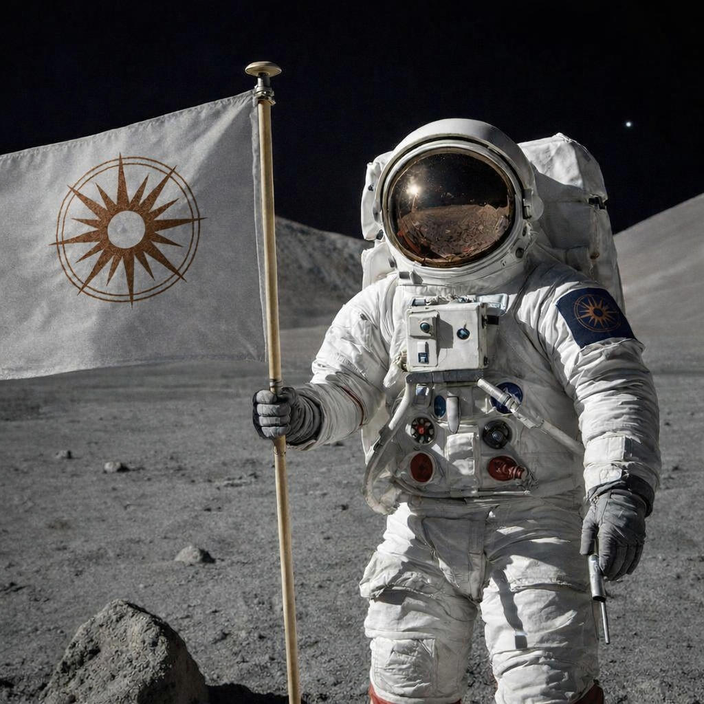 Astronaut planting Lumarrae flag on moon with branded space suit patch, symbolizing founder client pioneer opportunity