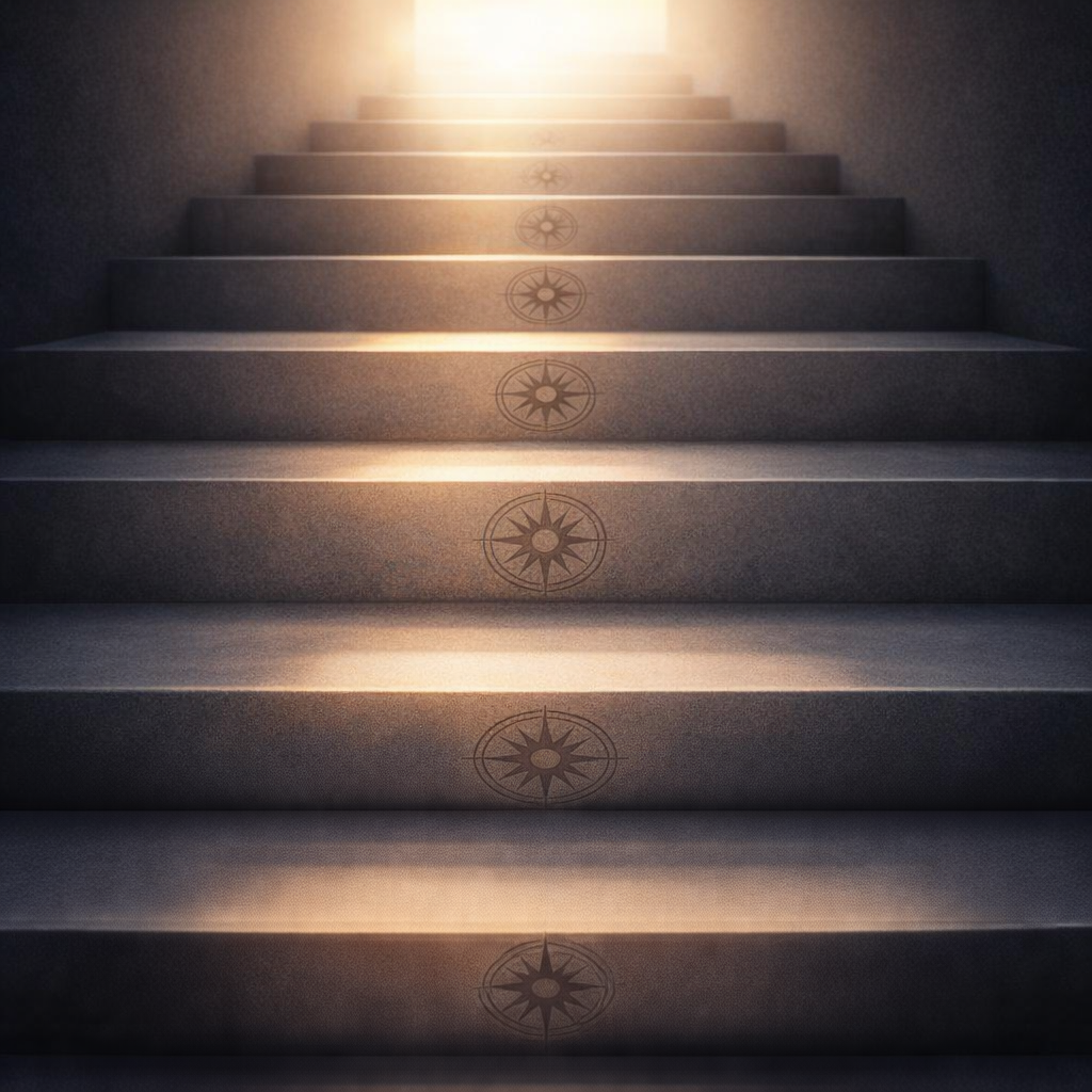 Minimalist concrete steps illuminated by golden dawn light with Lumarrae sun compass emblems on each riser, representing progressive transformation journey and first steps in RESET stress performance coaching programme
