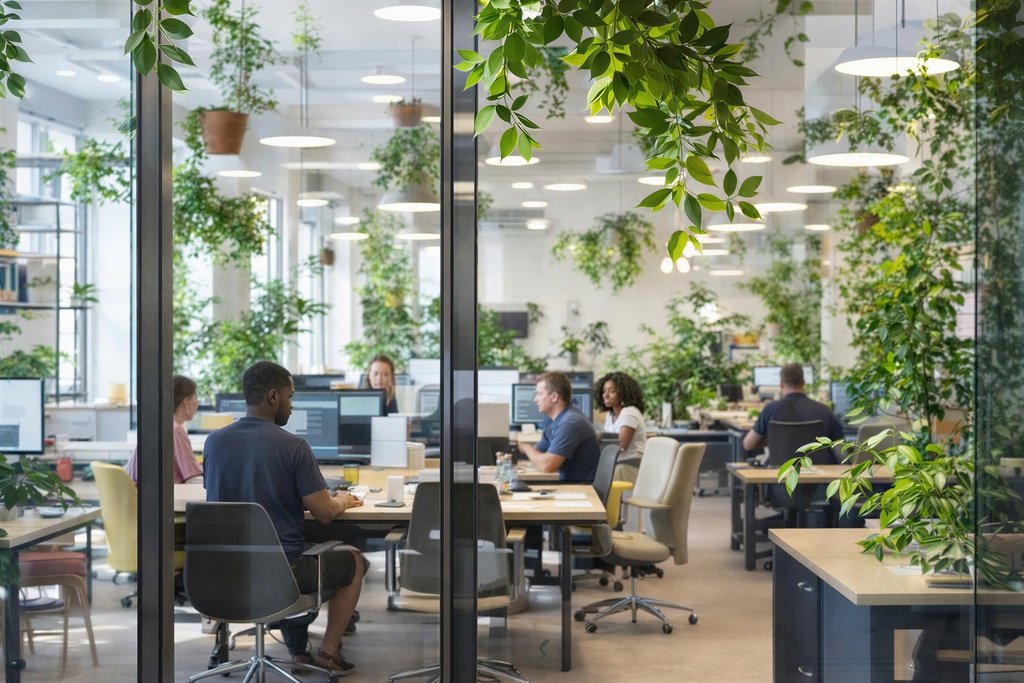 Modern sustainable corporate office interior with abundant hanging plants, natural light, and professionals working at desks, representing evidence-based workplace transformation and biophilic high-performance environment design