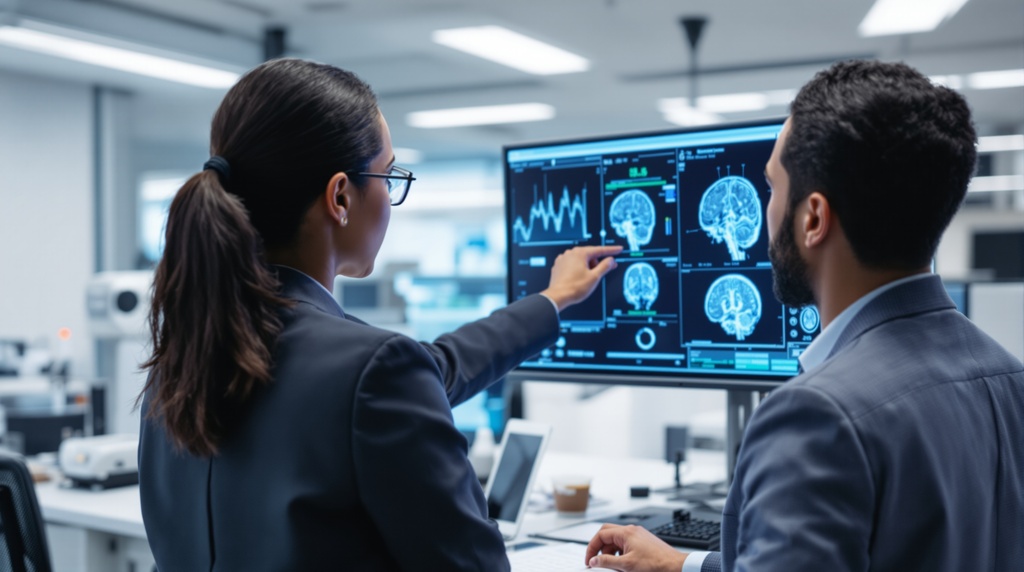 Two professional researchers in business attire examining neuroscience brain scan data on digital monitor in modern research laboratory