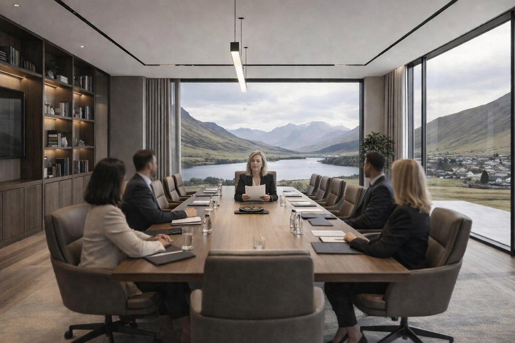 Professional boardroom with large window overlooking Scottish countryside, representing measurable outcomes and strategic visibility for Lumarrae RADIATE organisational diagnostics and board reporting