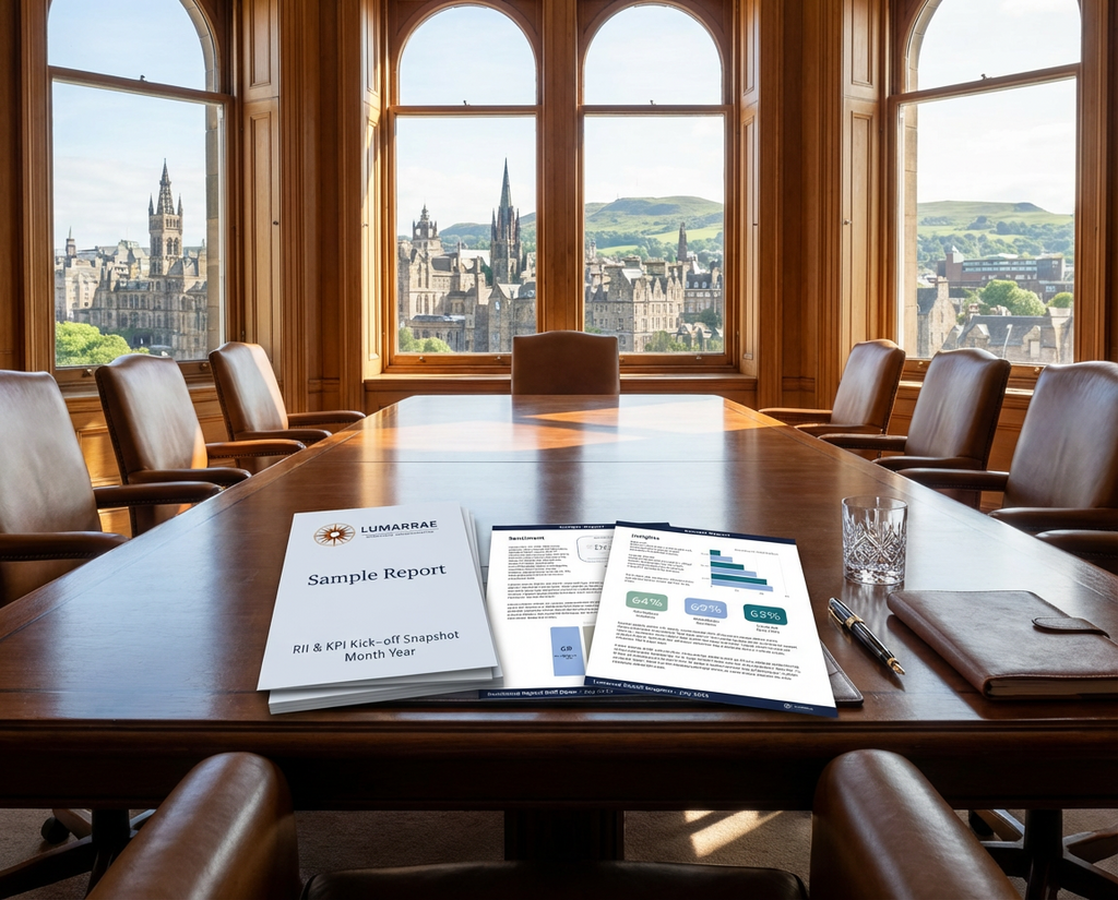 Sample RII dashboard report displayed on tablet in elegant Scottish boardroom with wooden table and large windows overlooking cityscape, showing team performance metrics and data visualisations for organisational insight.