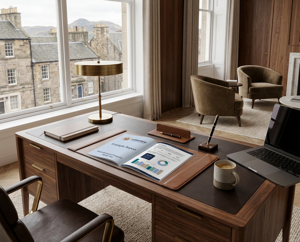 Executive reviewing RII team performance dashboard report in upscale Scottish office environment, demonstrating board-ready reporting capabilities and strategic insights from Resilience Impact Index assessment data.