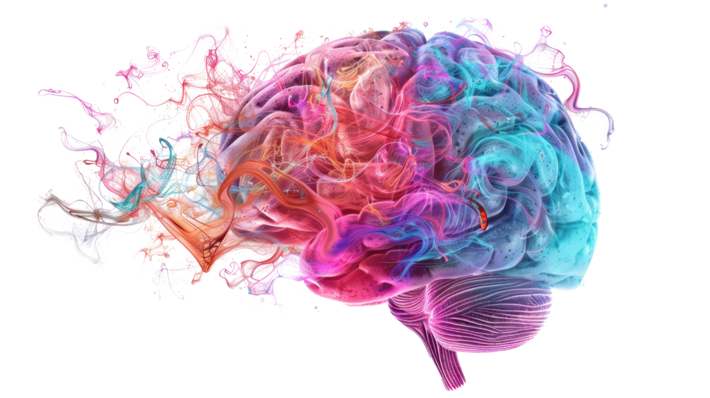 Künstlerische Darstellung eines Gehirns, dessen linke Hälfte sich in farbenfrohe, leuchtende Partikel in Pink, Blau und Orange auflöst. Symbol für Kreativität, künstliche Intelligenz und Neurowissenschaft vor schwarzem Hintergrund.