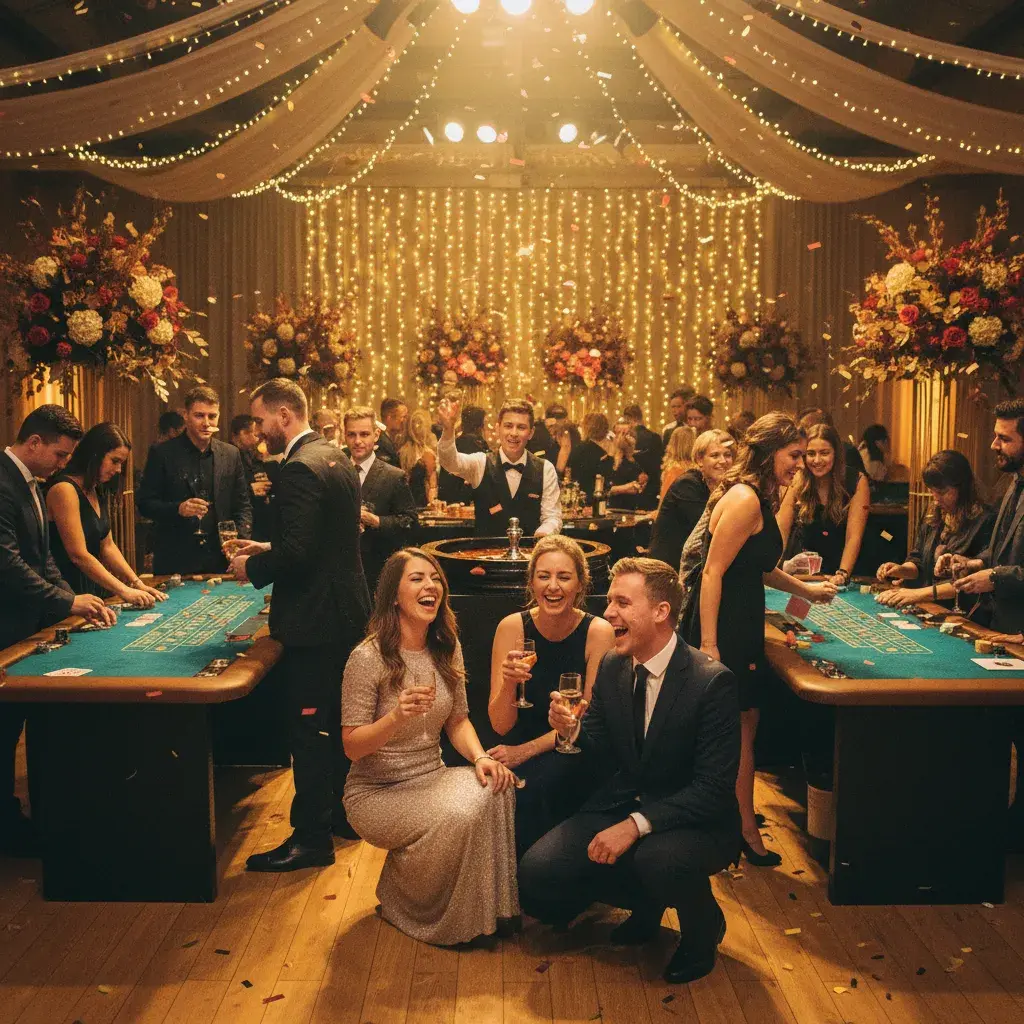 Feiernde Gäste in Abendgarderobe an Casino-Tischen bei einem stimmungsvollen Event mit festlicher Lichtdekoration von Rent-A-Casino