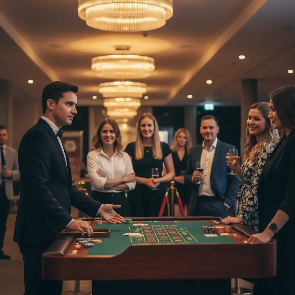 Croupier am Spieltisch mit lachenden Gästen in eleganter Abendgarderobe bei einem mobilen Casino-Event von Rent-A-Casino