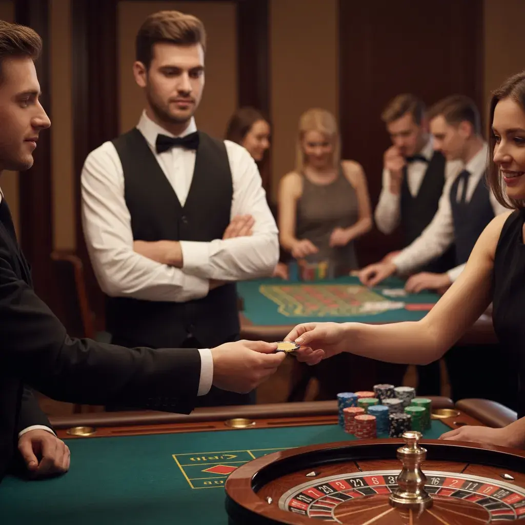 Elegante Gäste tauschen Chips am Casino-Tisch mit professionellem Croupier bei einem mobilen Casino-Event von Rent-A-Casino