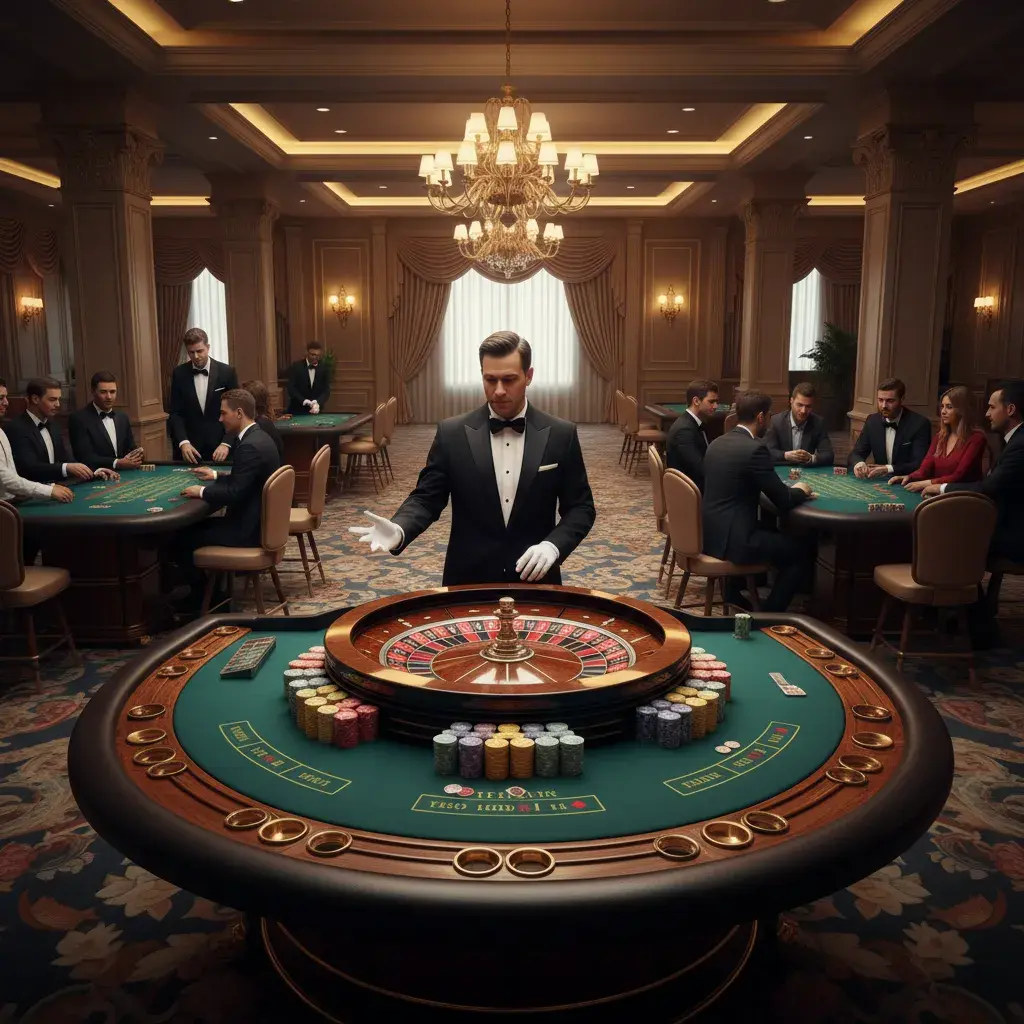 Croupier am Roulette-Tisch in elegantem Casino-Saal mit mehreren Spieltischen und Gästen in Abendgarderobe bei Rent-A-Casino