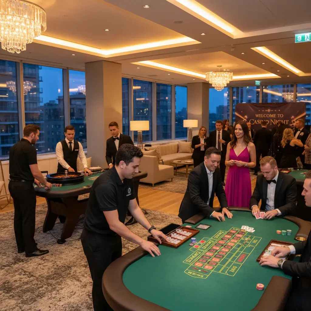 Professioneller Croupier am Roulette-Tisch bei einem exklusiven Casino-Event in elegantem Ambiente von Rent-A-Casino