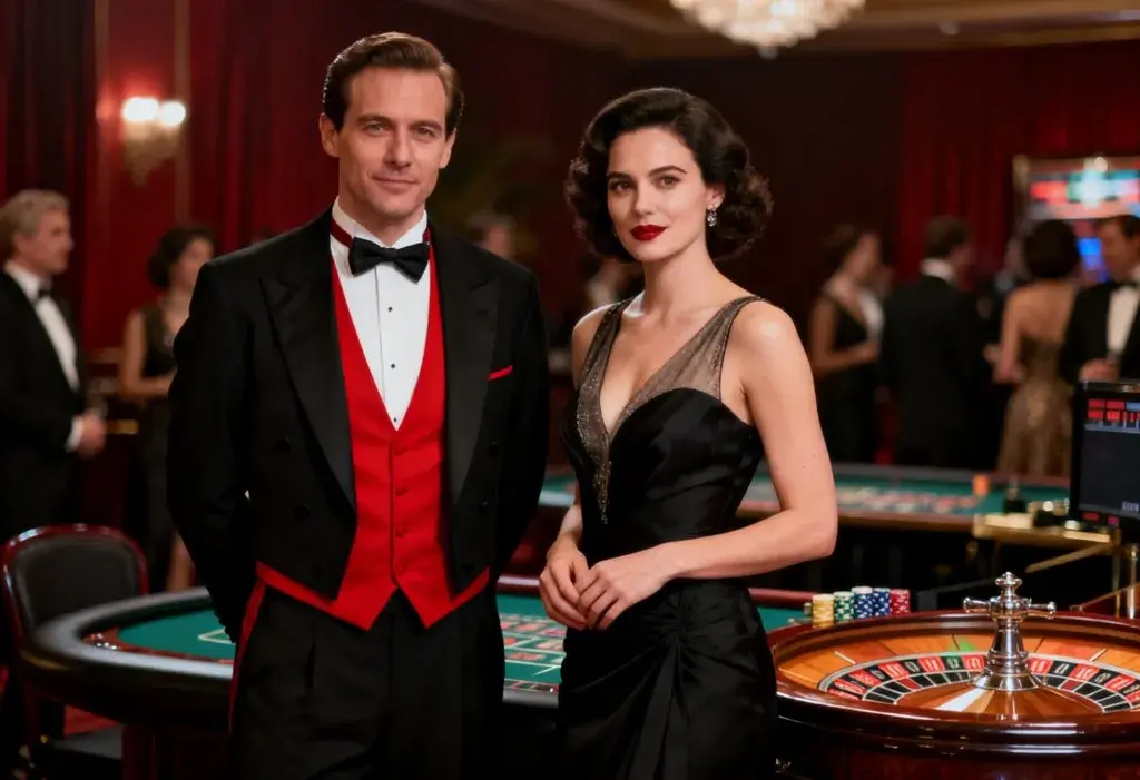 Elegantes Croupier-Paar in Abendgarderobe am Roulette-Tisch