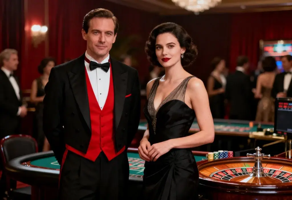 Elegantes Paar in Abendgarderobe am Casino-Tisch