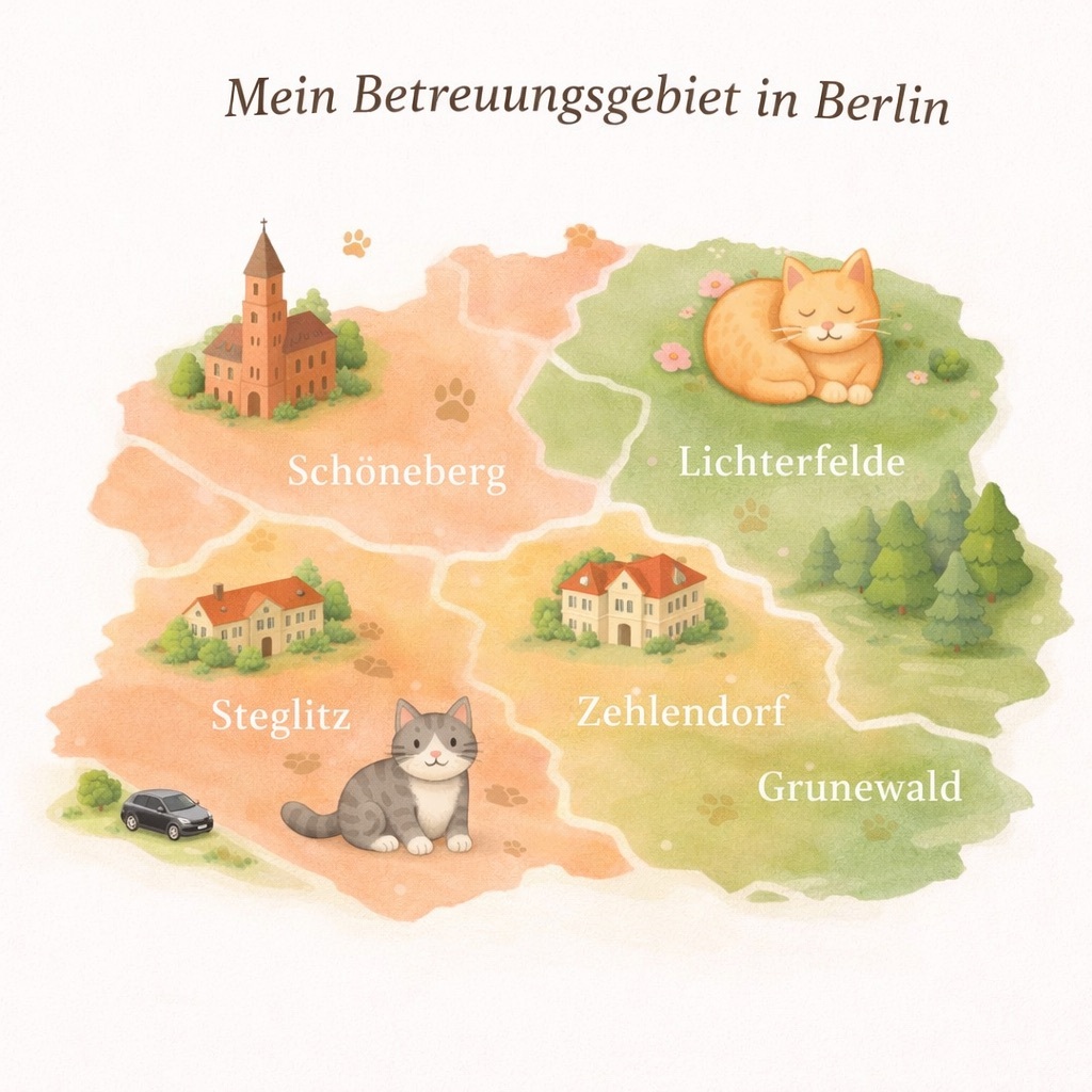 Illustration des Berliner Betreuungsgebiets von MeowCare mit Schöneberg, Lichterfelde, Steglitz, Zehlendorf und Grunewald.