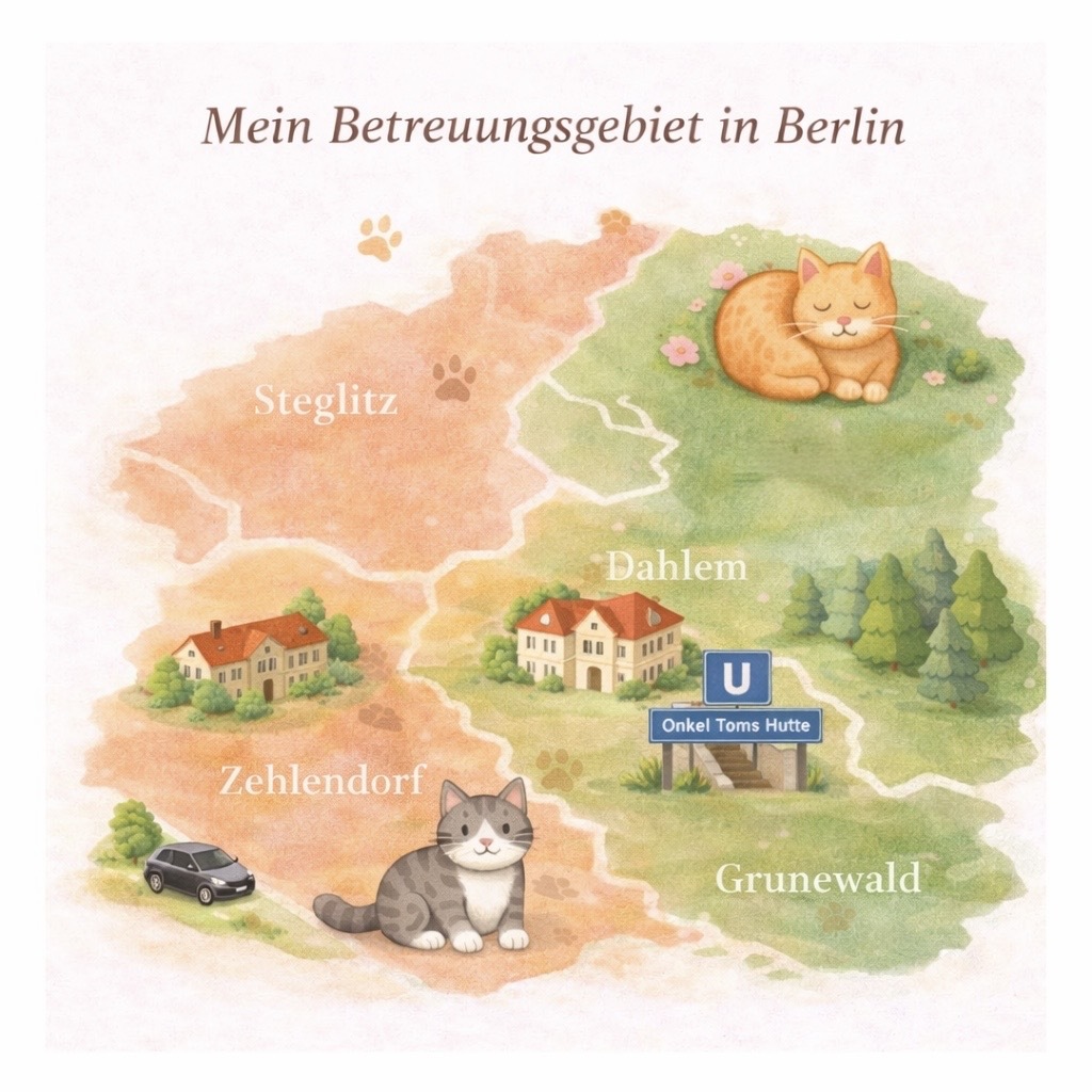 Illustration des Berliner Betreuungsgebiets von MeowCare mit Schöneberg, Lichterfelde, Steglitz, Zehlendorf und Grunewald.