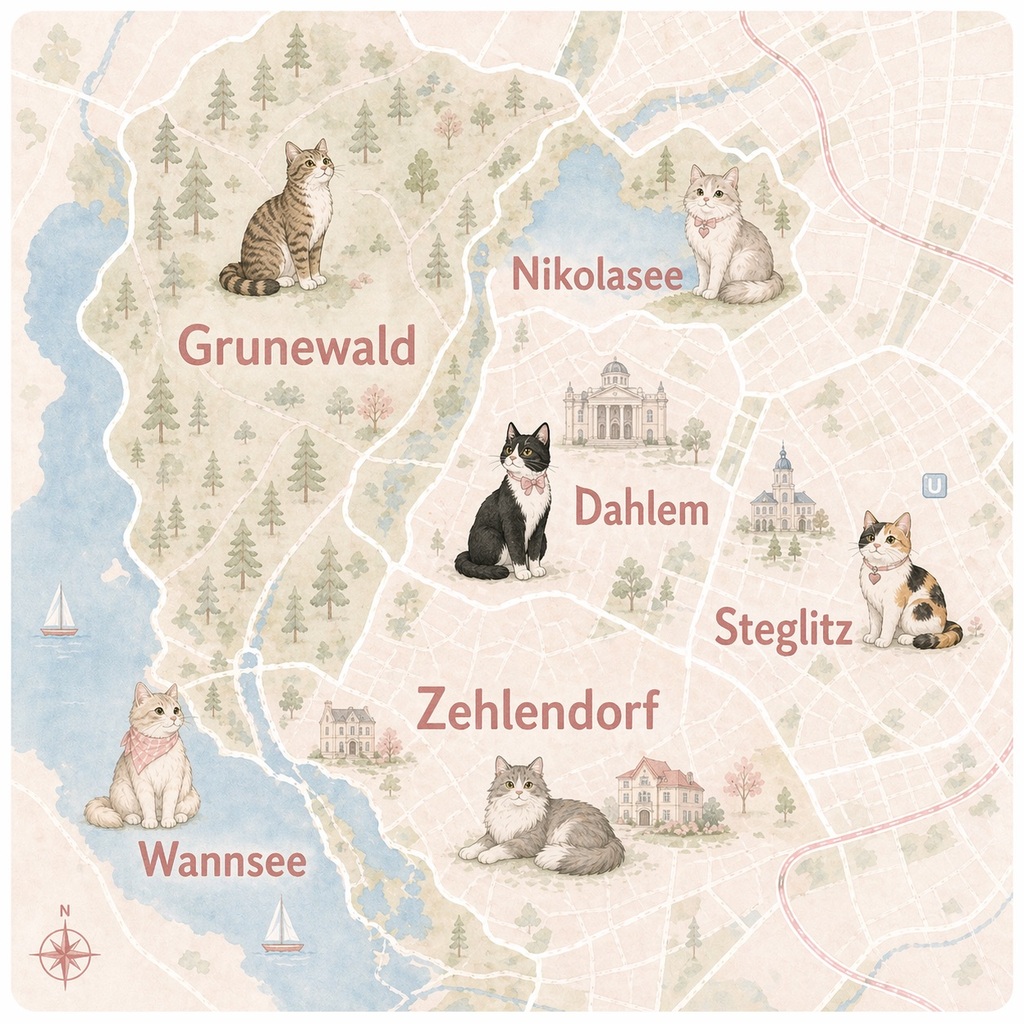 Illustration des Berliner Betreuungsgebiets von MeowCare mit Schöneberg, Lichterfelde, Steglitz, Zehlendorf und Grunewald.