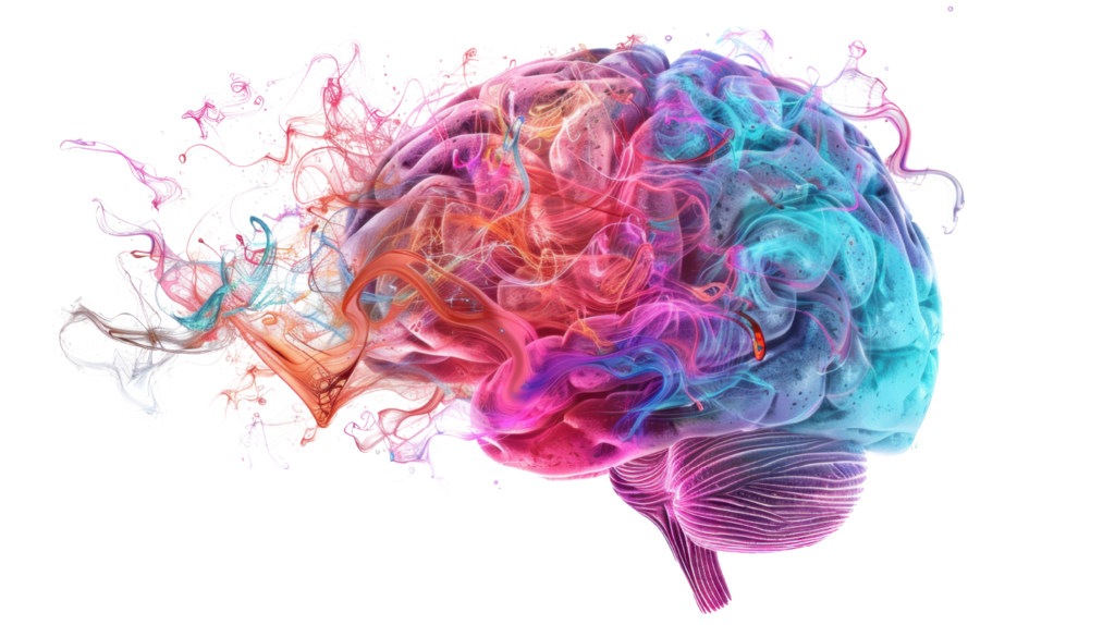 Künstlerische Darstellung eines Gehirns, dessen linke Hälfte sich in farbenfrohe, leuchtende Partikel in Pink, Blau und Orange auflöst. Symbol für Kreativität, künstliche Intelligenz und Neurowissenschaft vor schwarzem Hintergrund.