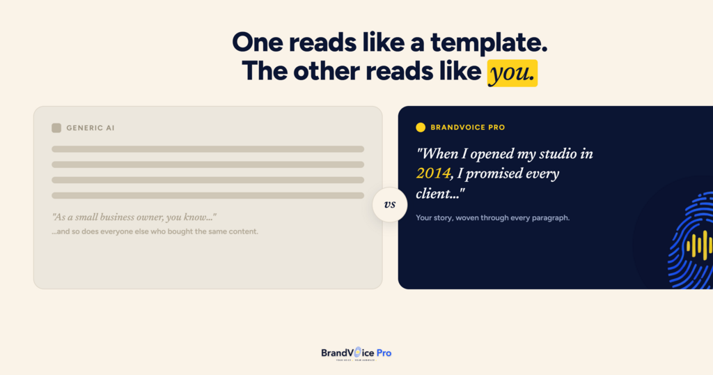 Comparison graphic: generic AI template text versus BrandVoice Pro personalized content with real brand story, text reads "One reads like a template. The other reads like you."