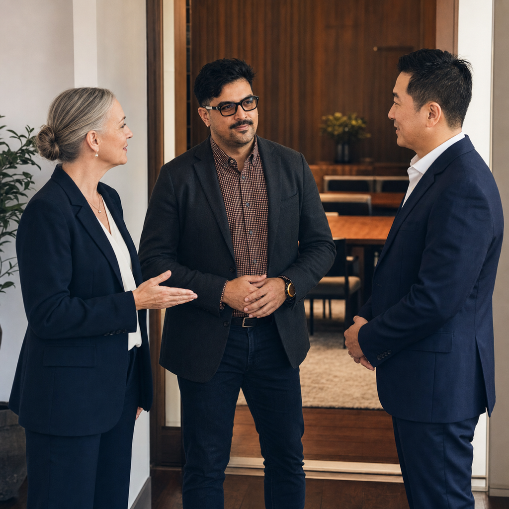 Conceptual editorial scene of a trusted adviser introducing a family-office principal to a security expert.