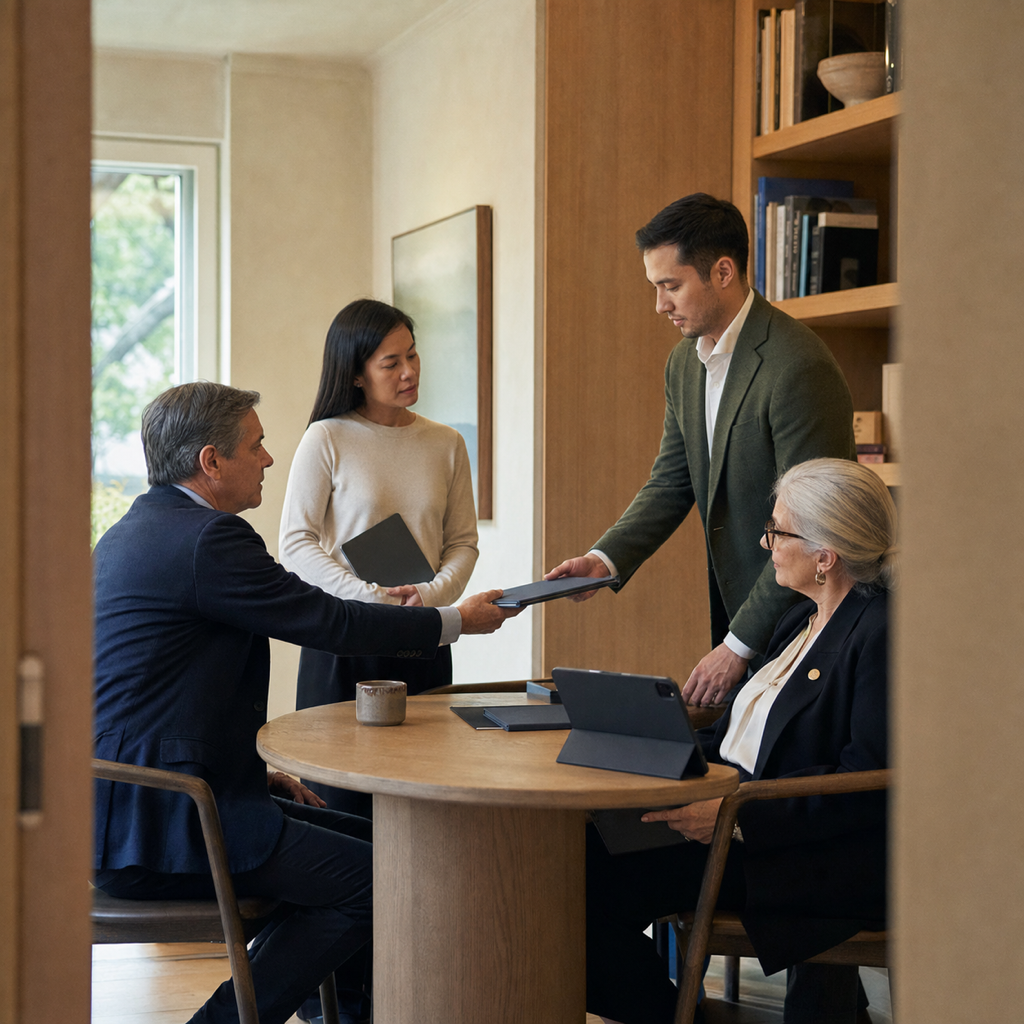 Conceptual editorial scene of a family office sharing information safely with trusted advisers.