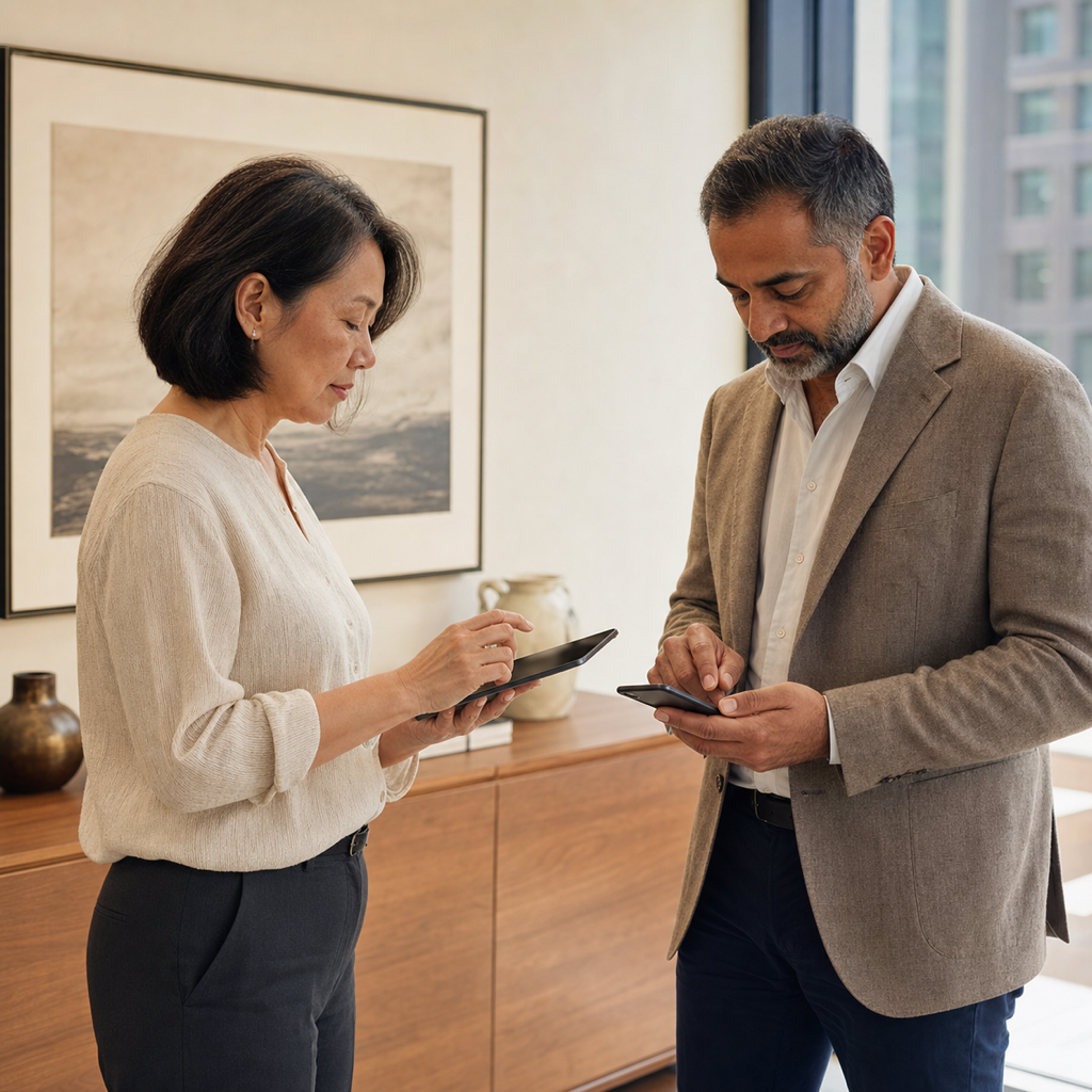 Conceptual editorial scene of a family-office director and adviser authorising a transfer together.