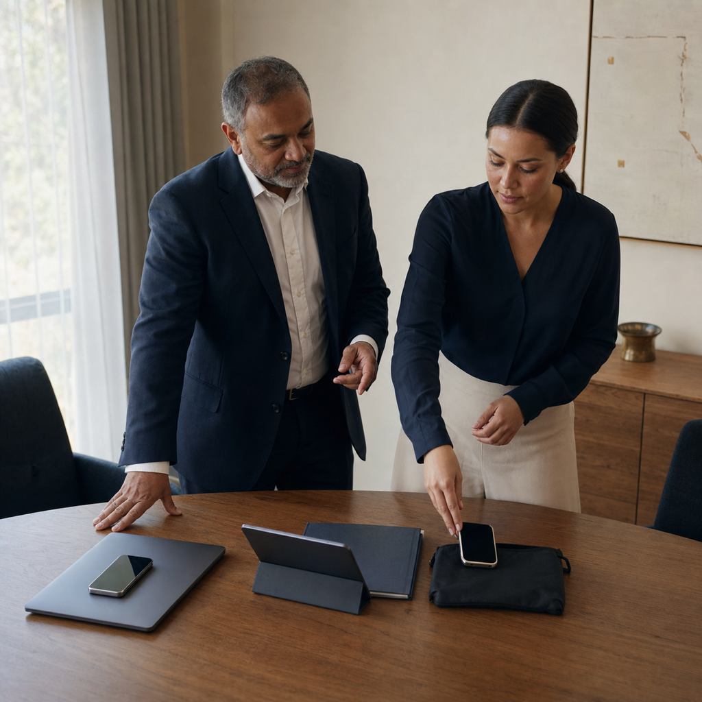 Conceptual editorial scene of a family office separating private, adviser, and travel communications.