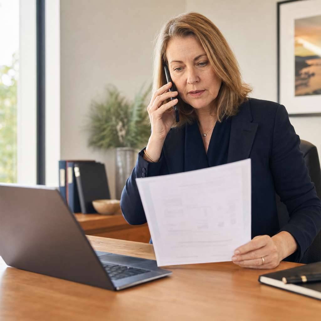 Conceptual editorial scene of a family office verifying an unexpected change to payment details.