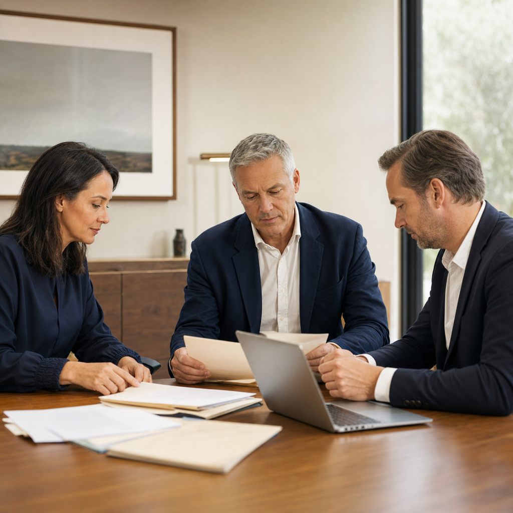Conceptual editorial scene of a family office handling private records and investment information.