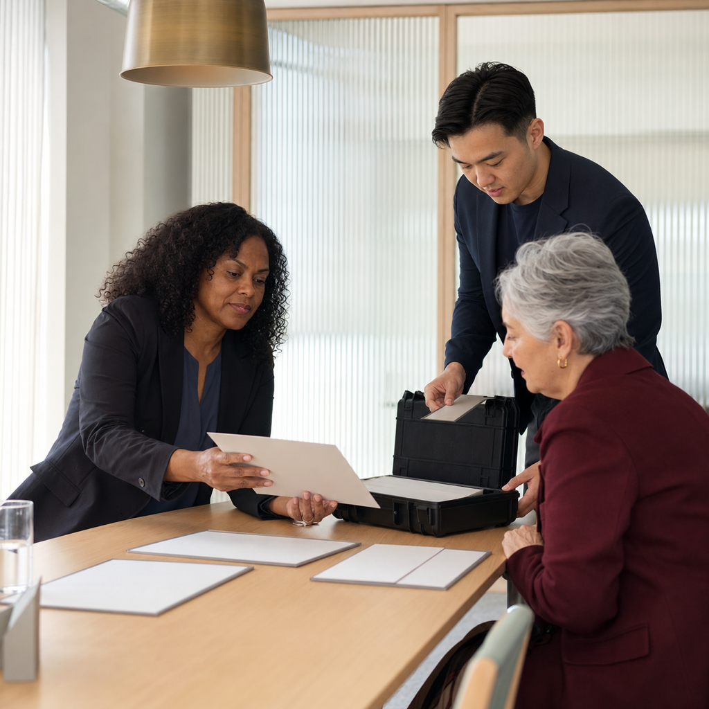 Conceptual editorial scene of a consultancy using security evidence in a client review.