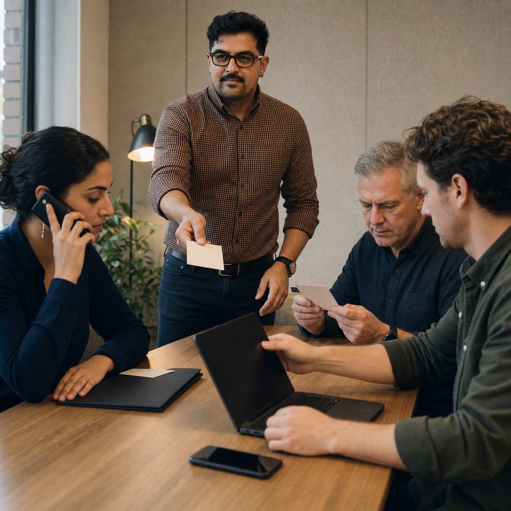 Conceptual editorial scene of a consulting team rehearsing a response to lost client access.