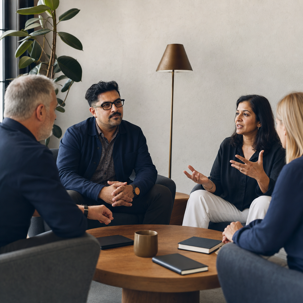 Conceptual editorial scene of a senior security adviser joining a boutique consultancy's leadership meeting.