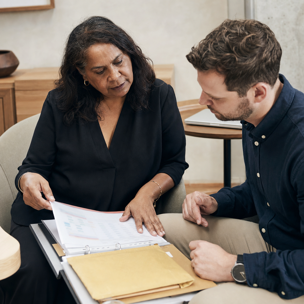 Conceptual editorial scene of consultants preparing clear control evidence for a client review.